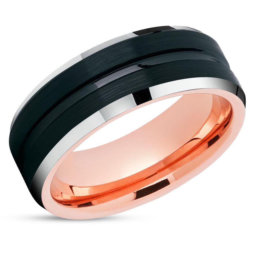 Rose Gold Tungsten Ring - Black Wedding Ring - Rose Gold Tungsten Ring - Engagement