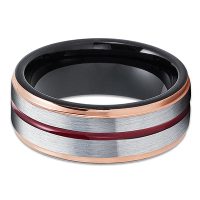 Maroon Wedding Band - Rose Gold Tungsten Ring - 8mm Black Tungsten Ring - Brush