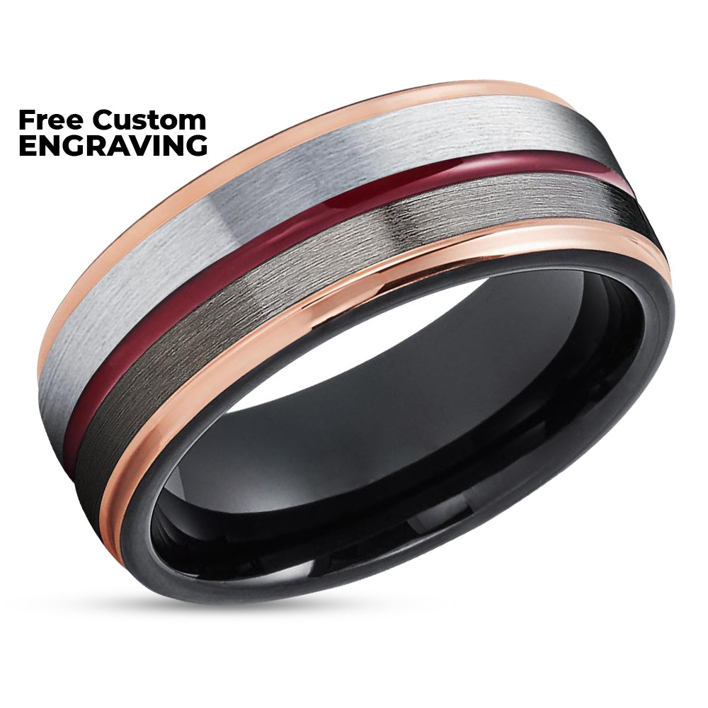 Maroon Wedding Band - Rose Gold Tungsten Ring - 8mm Black Tungsten Ring - Gunmetal