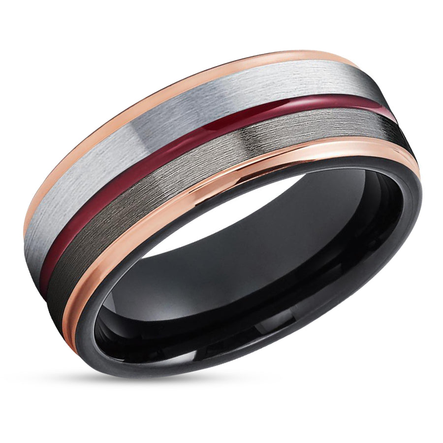 Maroon Wedding Band - Rose Gold Tungsten Ring - 8mm Black Tungsten Ring - Gunmetal