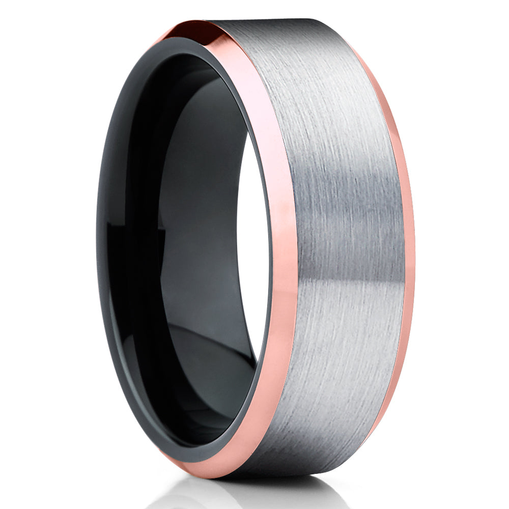 Tungsten Ring - Black Wedding Ring - Rose Gold Tungsten - Black Ring - Silver
