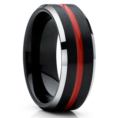 Black Tungsten Wedding Ring - Red Tungsten Ring - Black Wedding Band - Red Ring