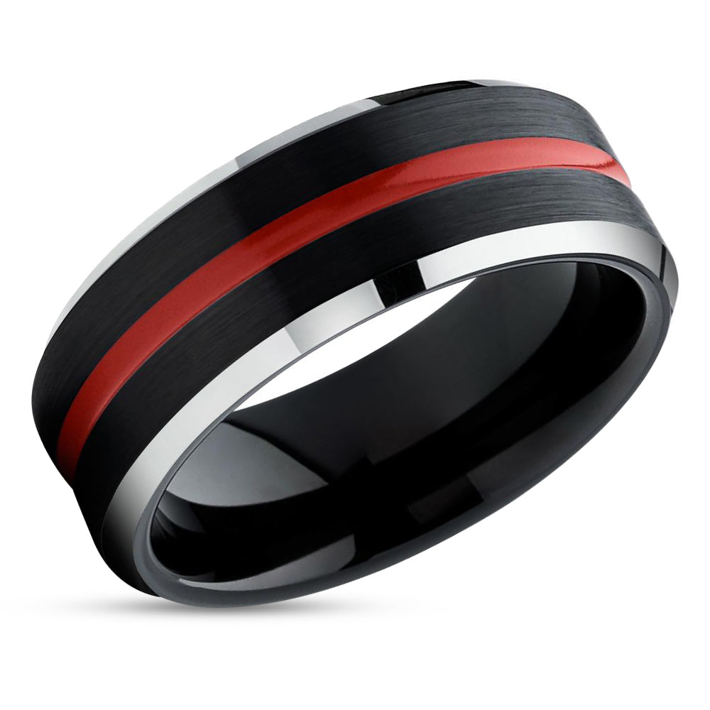 Black Tungsten Wedding Ring - Red Tungsten Ring - Black Wedding Band - Red Ring
