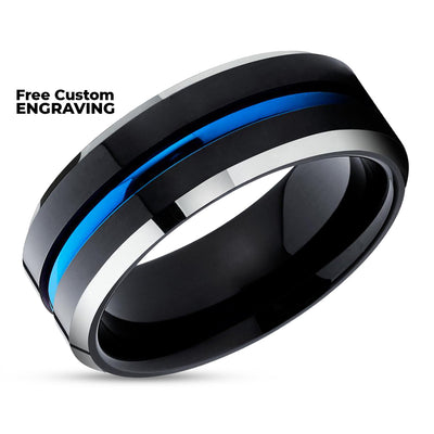 Black Wedding Ring - Blue Tungsten Ring - Tungsten Wedding Band - Tungsten Carbide Ring