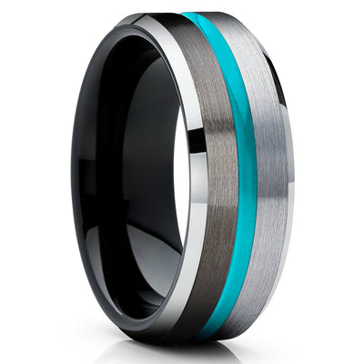 Silver Tungsten Ring - Turquoise Tungsten Wedding Band - Gunmetal Tungsten Ring - Brush