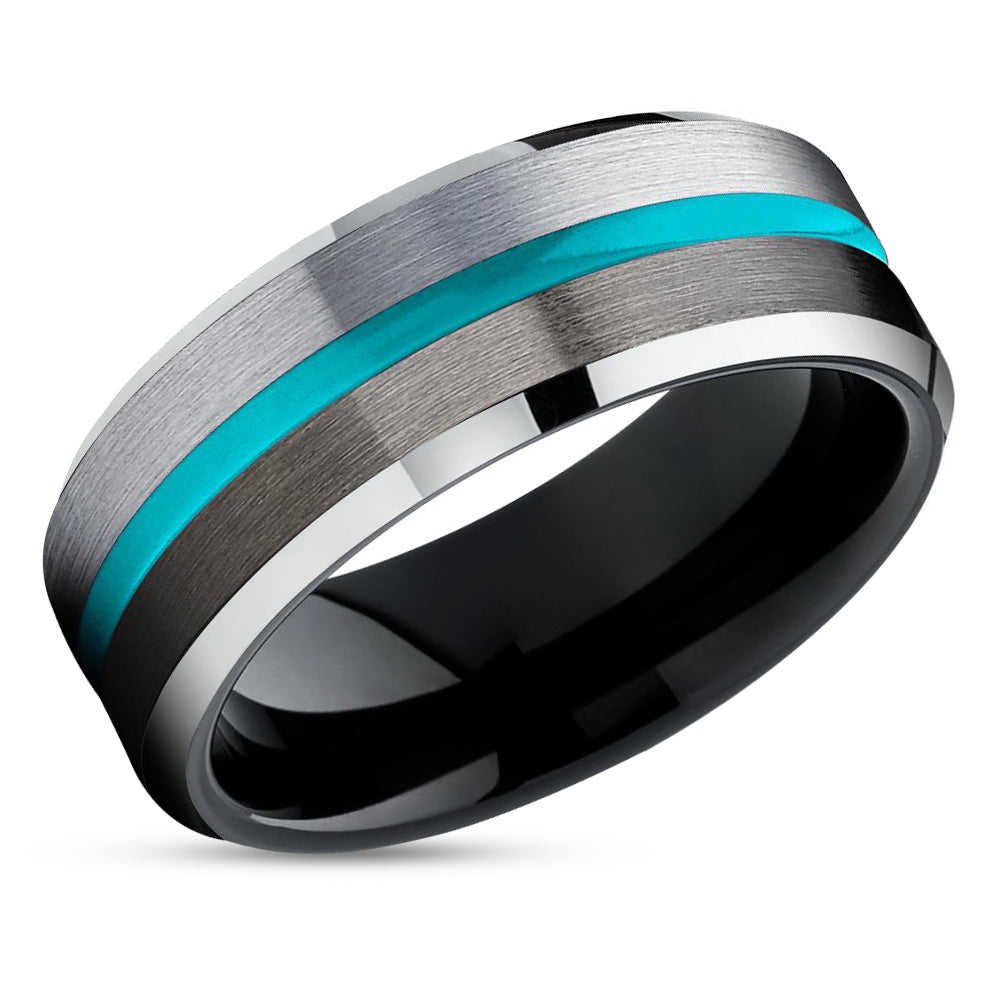 Silver Tungsten Ring - Turquoise Tungsten Wedding Band - Gunmetal Tungsten Ring - Brush
