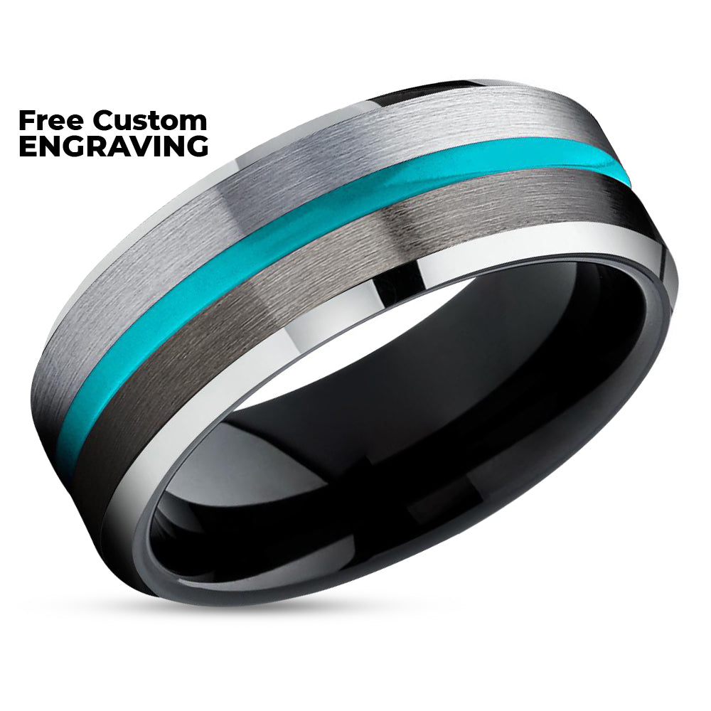 Silver Tungsten Ring - Turquoise Tungsten Wedding Band - Gunmetal Tungsten Ring - Brush