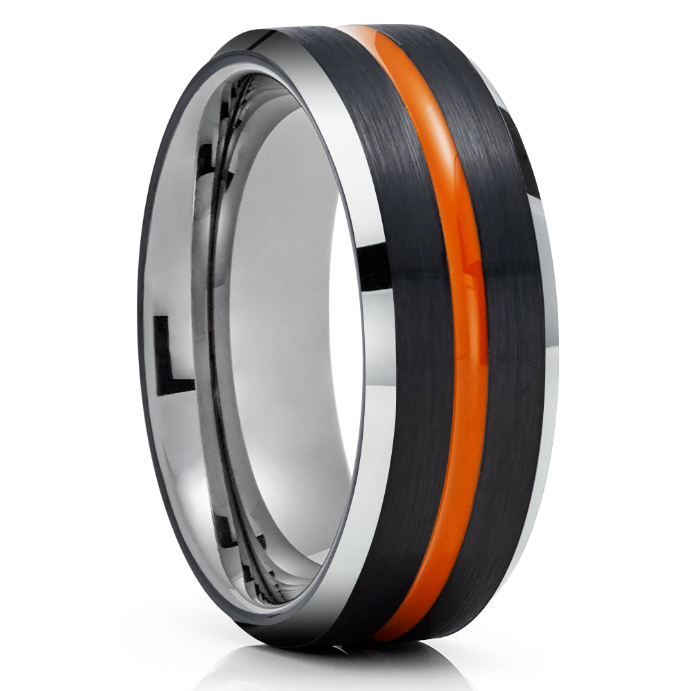 Orange Tungsten Wedding Band - Black Tungsten Ring - Gunmetal Tungsten Ring - Black