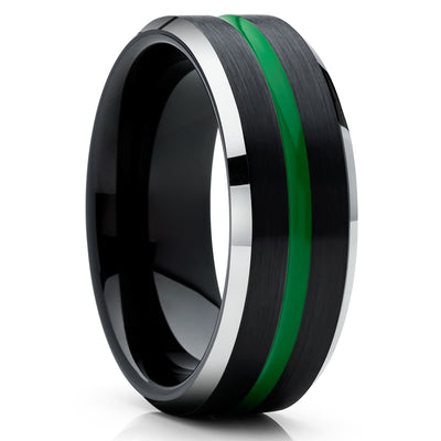 Green Tungsten Ring - Black Tungsten Wedding Band - Green Tungsten Ring - Black Ring