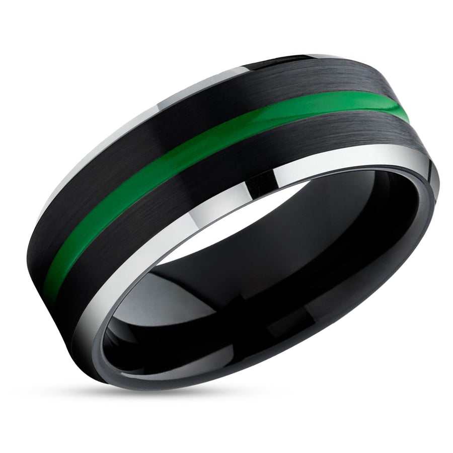 Green Tungsten Ring - Black Tungsten Wedding Band - Green Tungsten Ring - Black Ring
