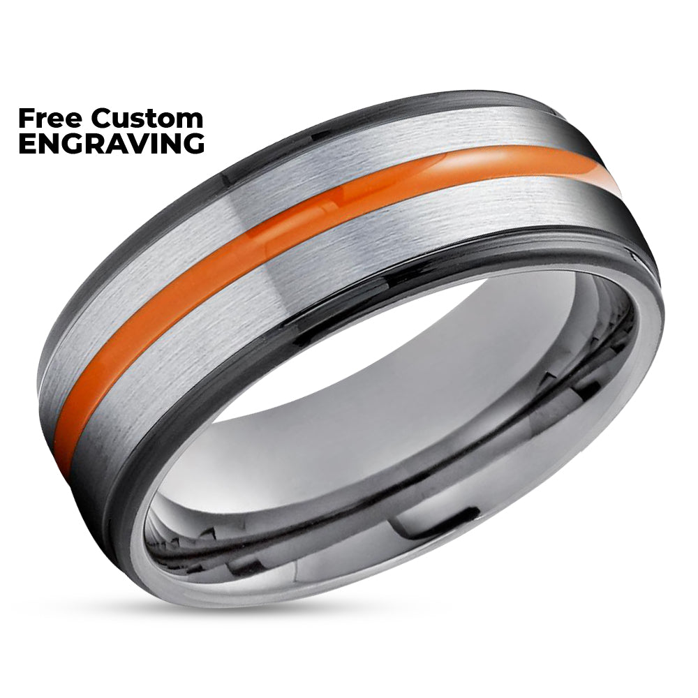 Orange Wedding Band - Gunmetal Tungsten Ring - Orange Wedding Ring - Black Ring