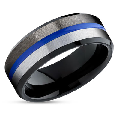 Gunmetal Tungsten Ring - Blue Tungsten Ring - Blue Wedding Ring - Black Tungsten Ring