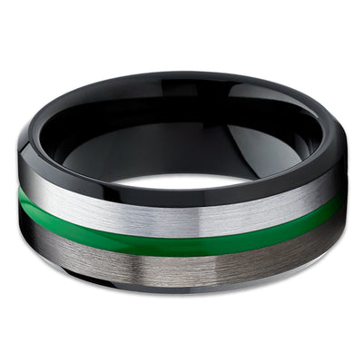 Green Tungsten Ring - Green Tungsten Wedding Ring - Gunmetal Tungsten Ring - Brush