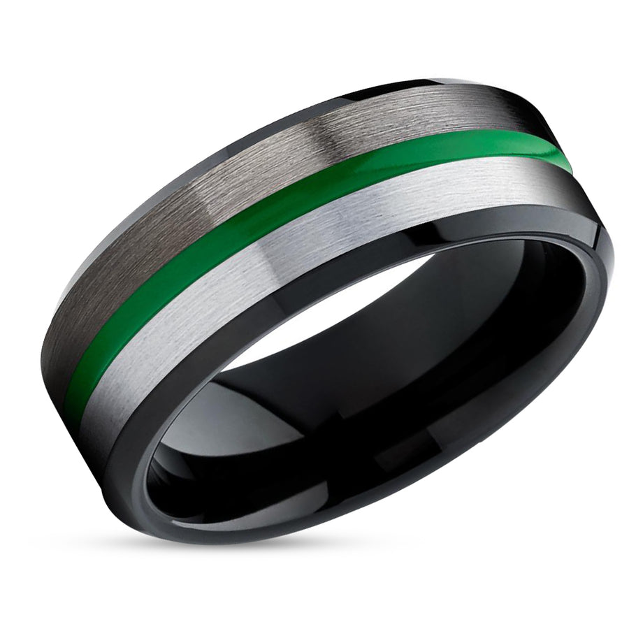 Green Tungsten Ring - Green Tungsten Wedding Ring - Gunmetal Tungsten Ring - Brush