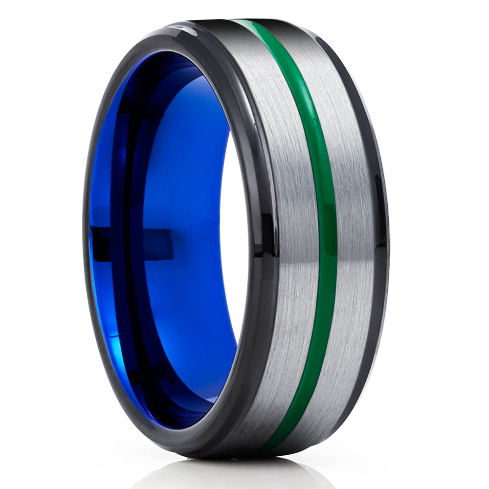 Green Wedding Band - Blue Wedding Band - Tungsten Carbide Ring - Gray Wedding Ring