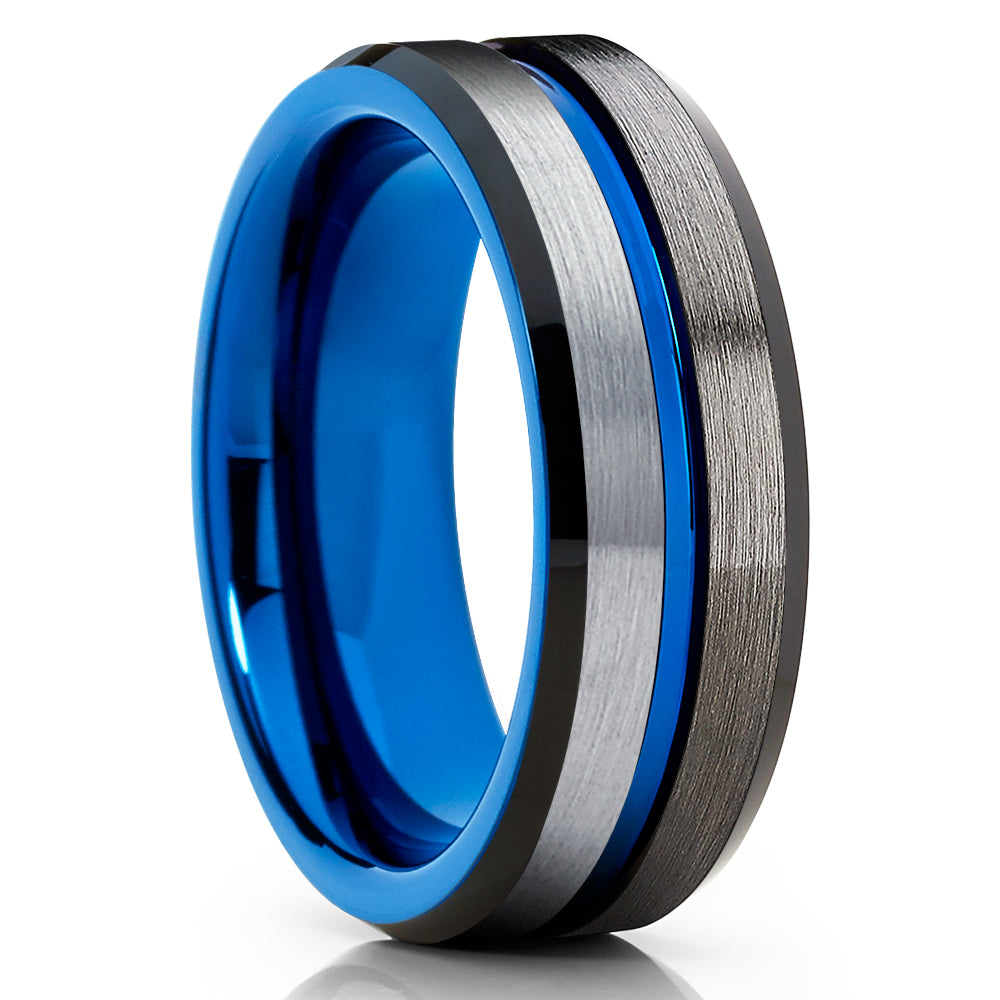 Gunmetal Tungsten Ring - Blue Tungsten Wedding Ring - Black Tungsten Ring - Gray Ring