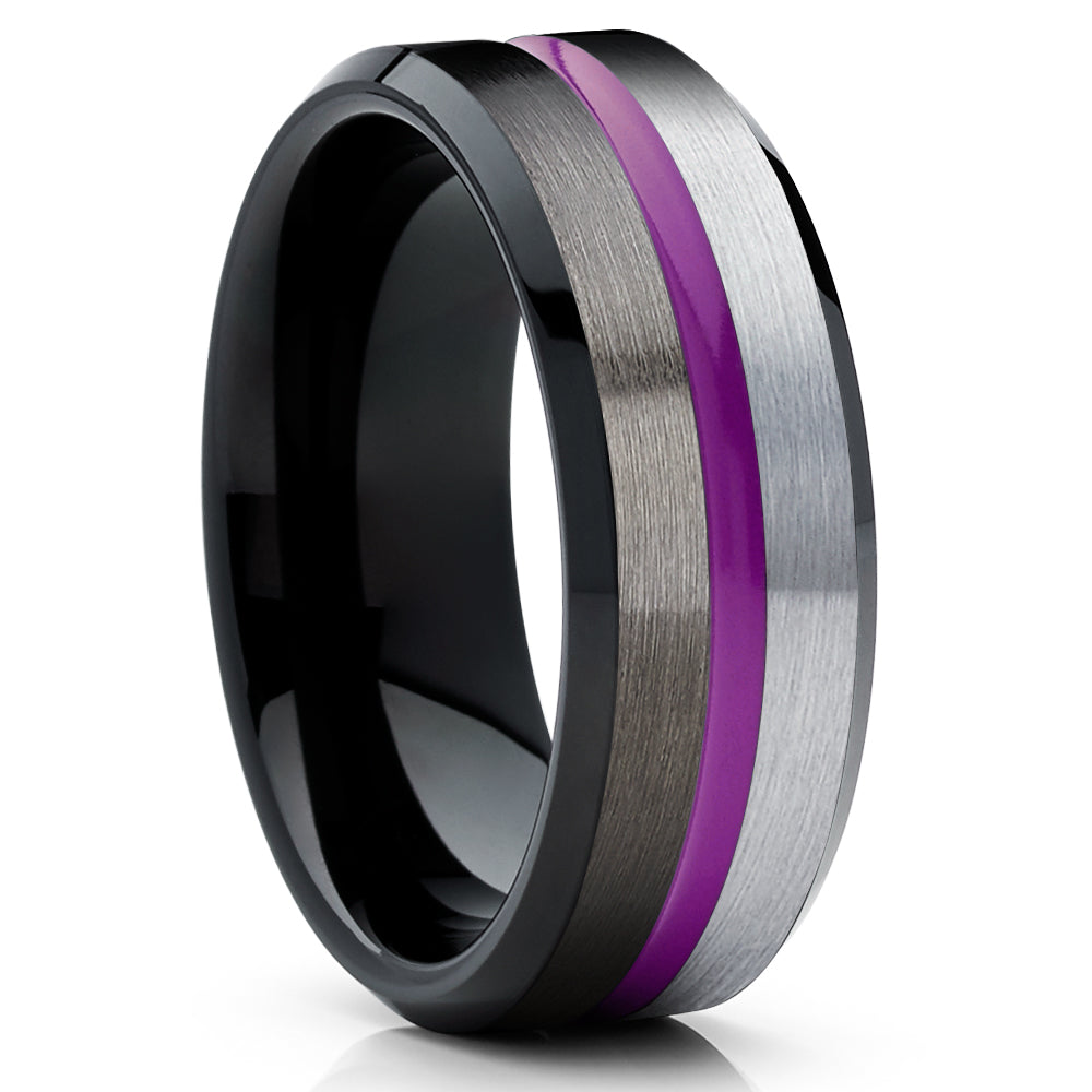 Purple Tungsten Wedding Band - Gunmetal Tungsten Ring - Black Tungsten Ring - Brush