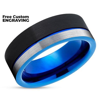 Blue Tungsten Ring - Silver Tungsten Ring - Tungsten Wedding Ring - Black Ring
