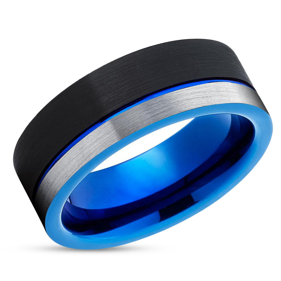 Blue Tungsten Ring - Silver Tungsten Ring - Tungsten Wedding Ring - Black Ring