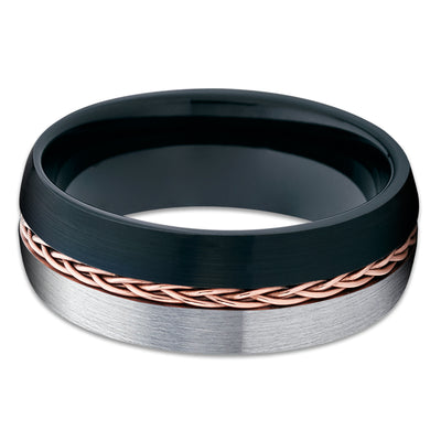 Black Tungsten Wedding Band - Men & Women - Rose Gold Braid - Gray Tungsten Ring