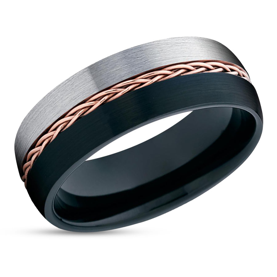 Black Tungsten Wedding Band - Men & Women - Rose Gold Braid - Gray Tungsten Ring