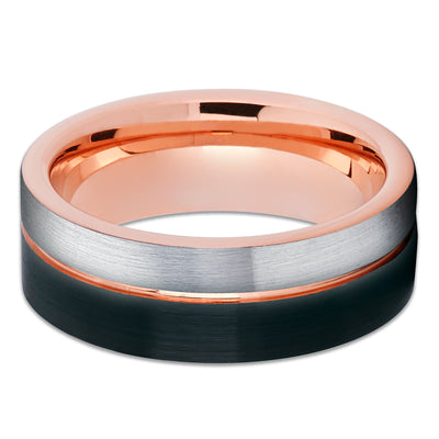 Silver Tungsten Wedding Band - Silver Tungsten Ring - Black Tungsten - Rose Gold Ring