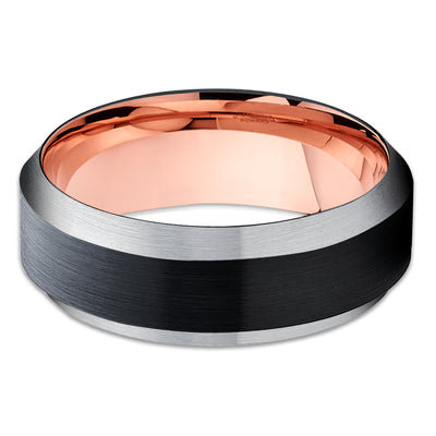 Black Tungsten Wedding Band - Rose Gold Tungsten - Beveled Wedding Ring - Unisex Ring