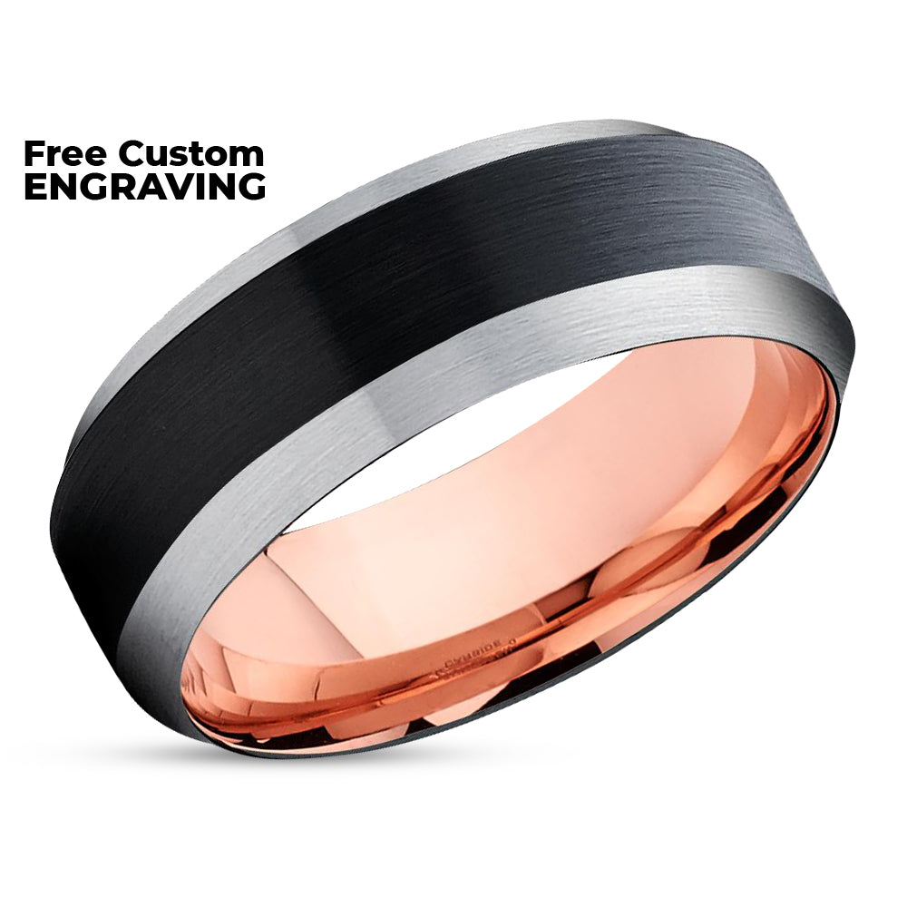 Black Tungsten Wedding Band - Rose Gold Tungsten - Beveled Wedding Ring - Unisex Ring