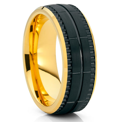Yellow Gold Tungsten Ring - Black Wedding Band - Yellow Gold Tungsten Band - Clean Casting Jewelry