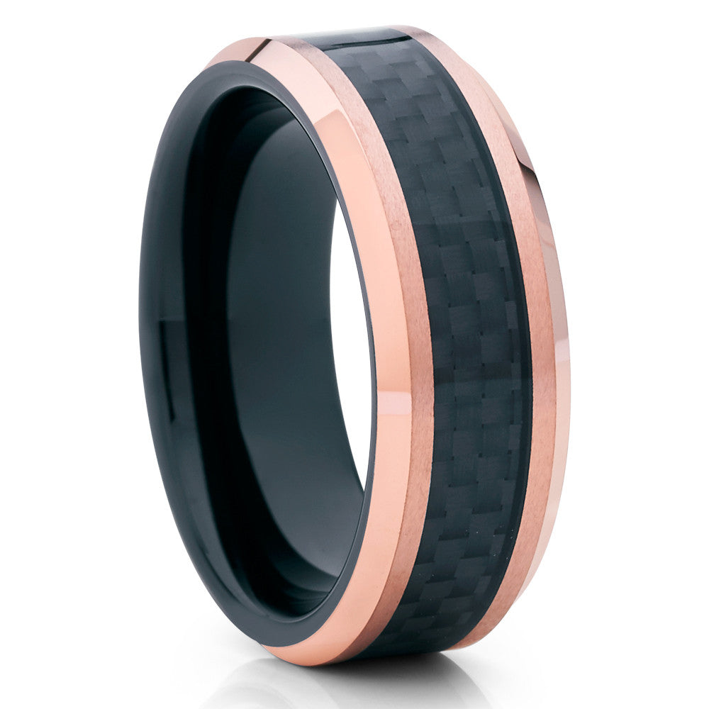 Carbon Fiber Ring - Rose Gold Tungsten - Wedding Band - Tungsten Ring - 8mm - Clean Casting Jewelry