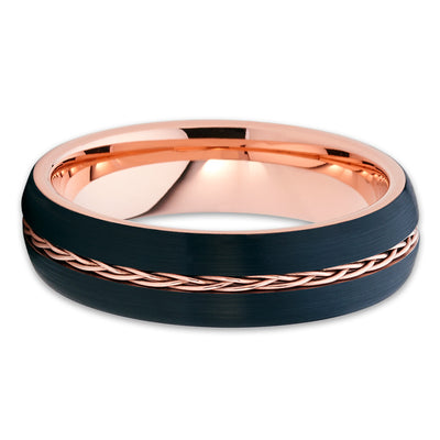 Rose Gold Tungsten Ring - Braid Ring - Black Tungsten - Rose Gold Band - 6mm - Clean Casting Jewelry