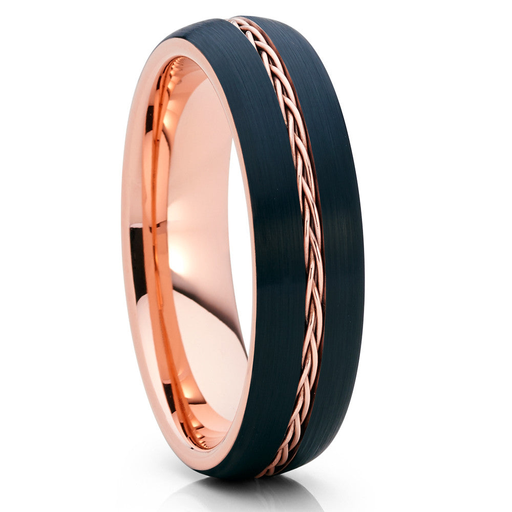 Rose Gold Tungsten Ring - Braid Ring - Black Tungsten - Rose Gold Band - 6mm - Clean Casting Jewelry