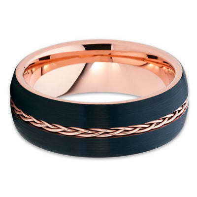 8mm - Rose Gold Tungsten - Black Wedding Band - Braid Ring - Tungsten Ring - Clean Casting Jewelry