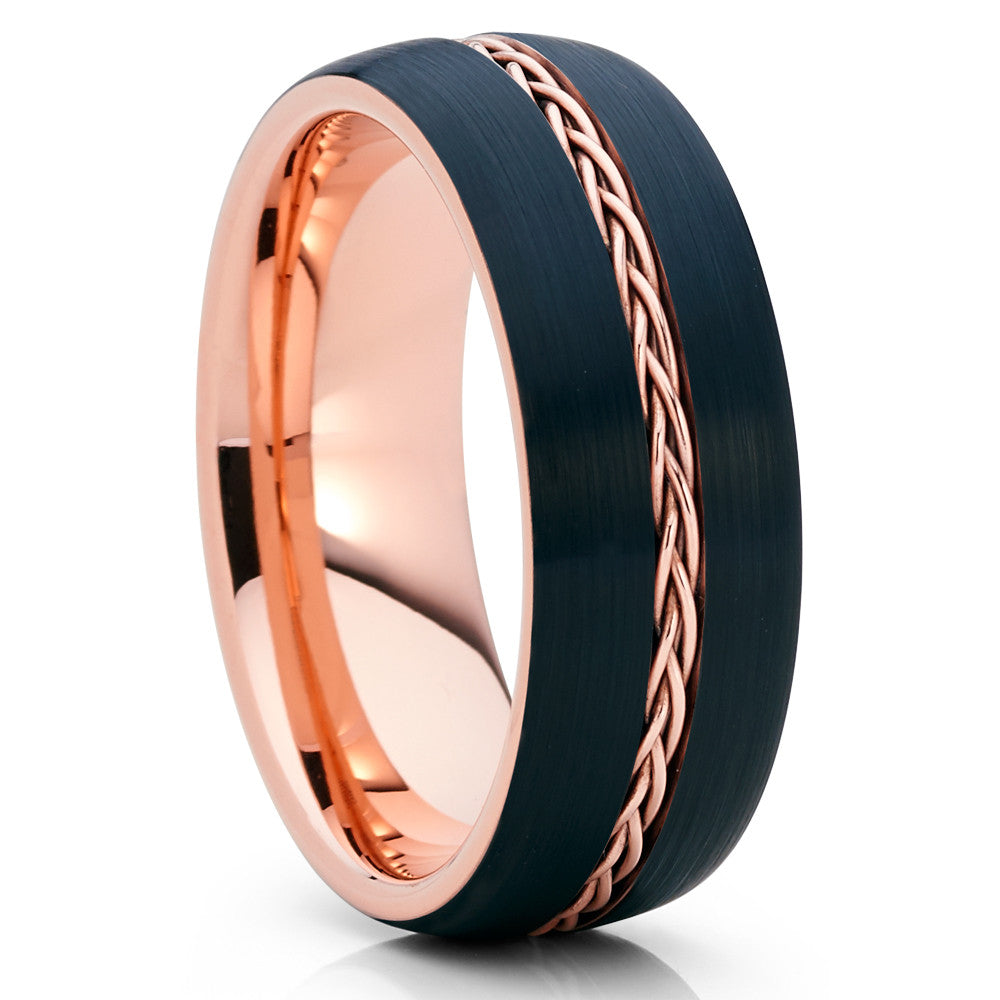 8mm - Rose Gold Tungsten - Black Wedding Band - Braid Ring - Tungsten Ring - Clean Casting Jewelry