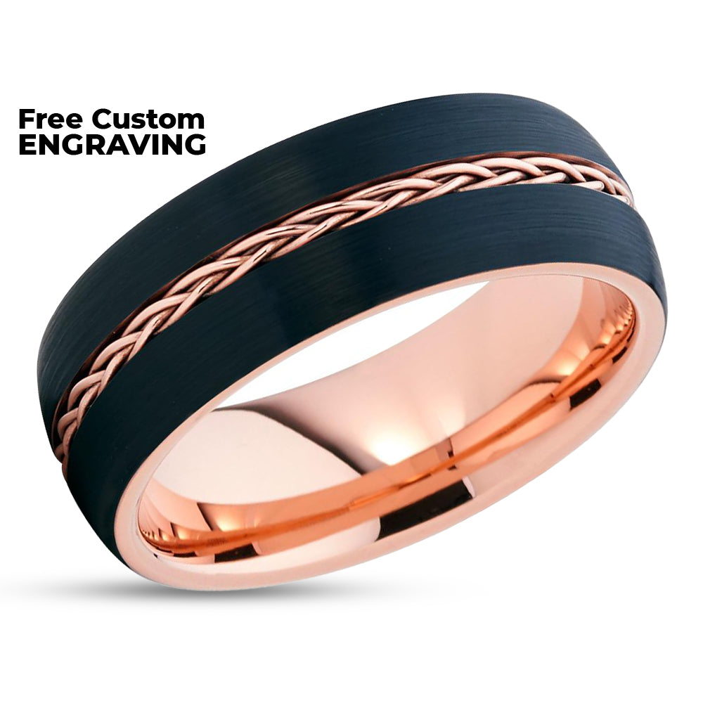 Rose Gold Tungsten Ring - Rose Gold Wedding Band - Braid Ring - Black Tungsten Ring