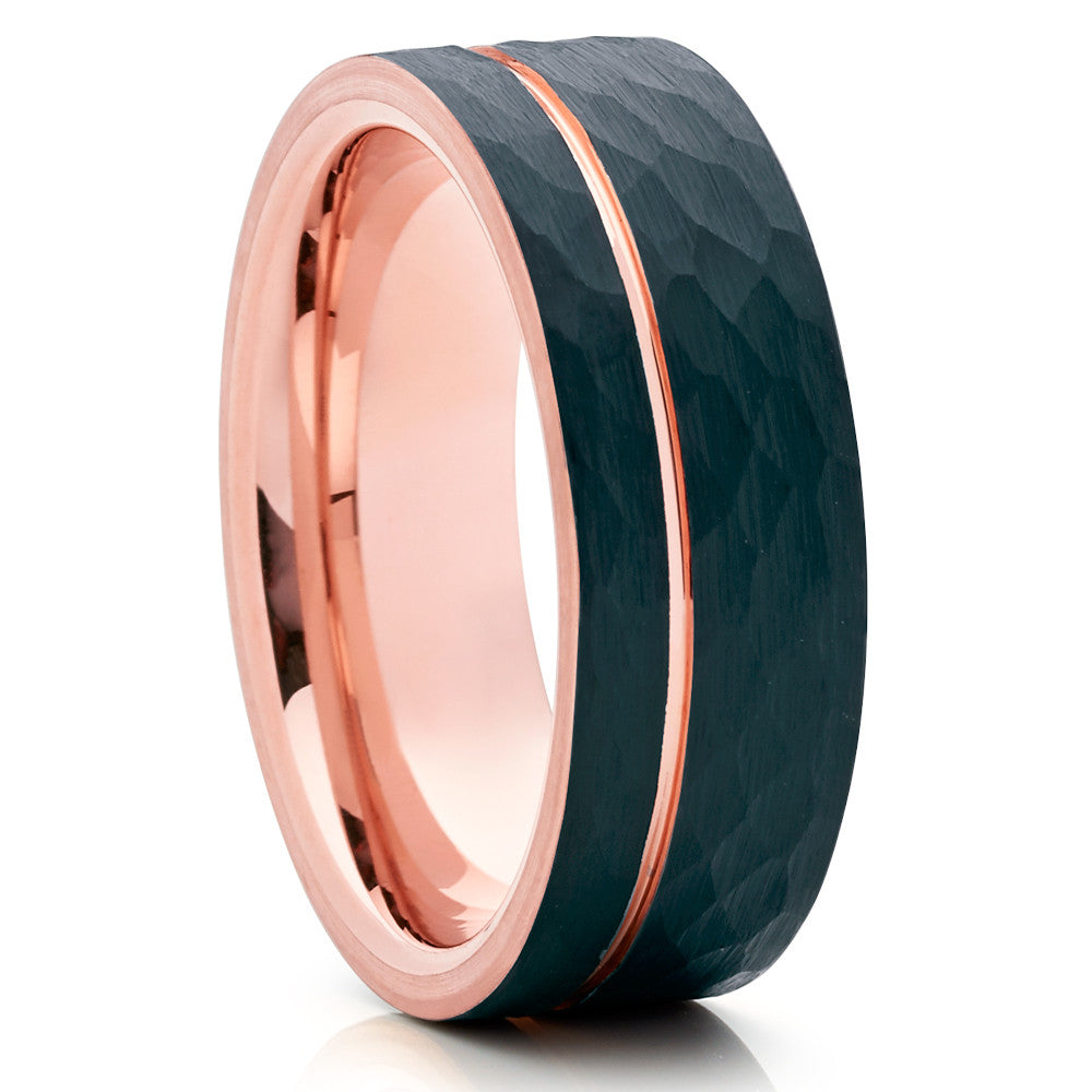 Rose Gold Tungsten - Rose Gold Tungsten Band - Hammered Ring - Black - Clean Casting Jewelry