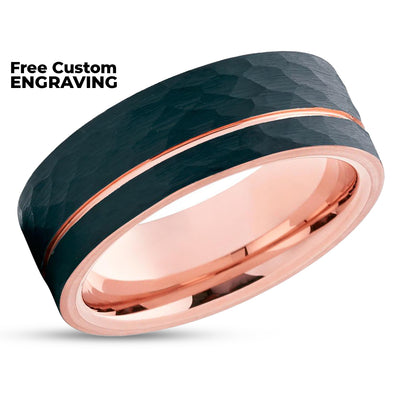 Rose Gold Tungsten - Rose Gold Tungsten Band - Hammered Ring - Black