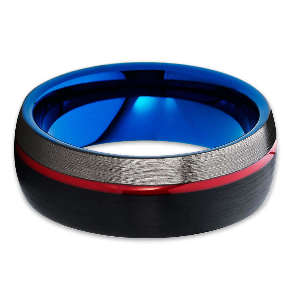 Red Tungsten Ring - Blue Wedding Band - Tungsten Wedding Ring - Gunmetal - Clean Casting Jewelry