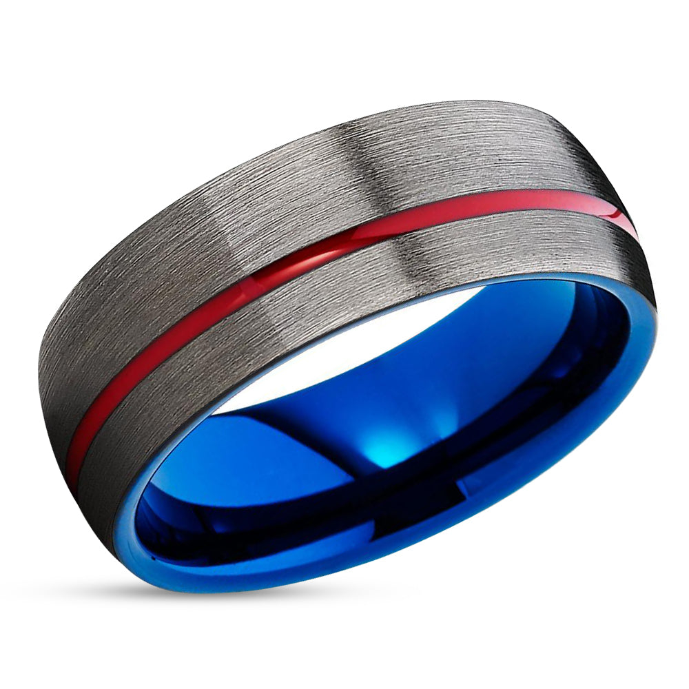 Gunmetal Wedding Ring - Blue Tungsten Ring - Red Wedding Ring - Blue Tungsten Ring