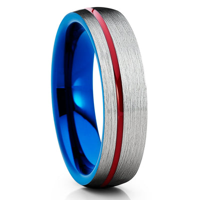 6mm - Red Tungsten Ring - Grey Wedding Band - Blue Tungsten Band - Clean Casting Jewelry