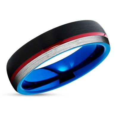 Red Tungsten Wedding Band - Black - Blue Tungsten Band - Black Brush - Red Ring