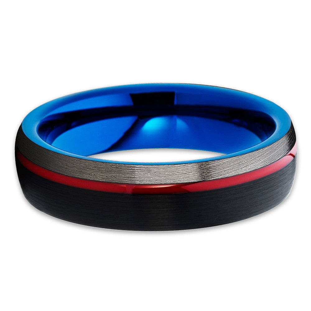 Tungsten Wedding Band - Black Ring - Red Groove - Blue Tungsten Ring - Clean Casting Jewelry