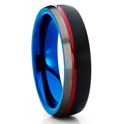 Tungsten Wedding Band - Black Ring - Red Groove - Blue Tungsten Ring - Clean Casting Jewelry