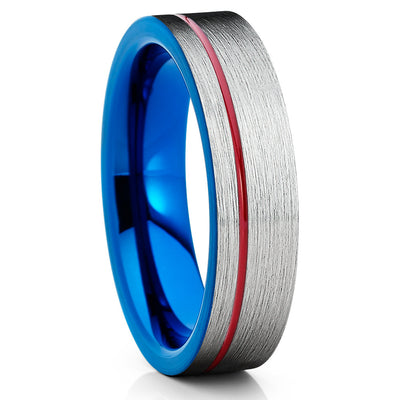 Blue Tungsten Ring - Men's Tungsten Ring - Red Tungsten Band - Silver - Clean Casting Jewelry