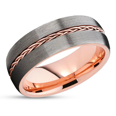 Rose Gold Tungsten Wedding Band - Braid Ring - Gunmetal Gray - Tungsten Wedding Ring
