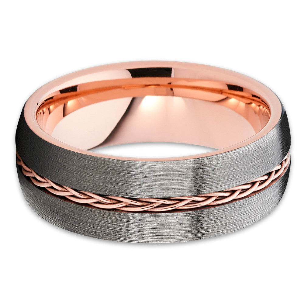 Rose Gold Tungsten Wedding Band - Braid Ring - Gunmetal Gray - Brush Ring - Clean Casting Jewelry