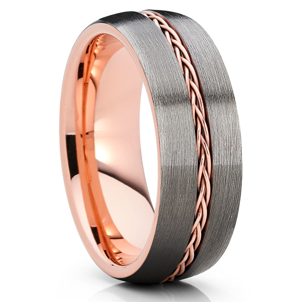 Rose Gold Tungsten Wedding Band - Braid Ring - Gunmetal Gray - Brush Ring - Clean Casting Jewelry