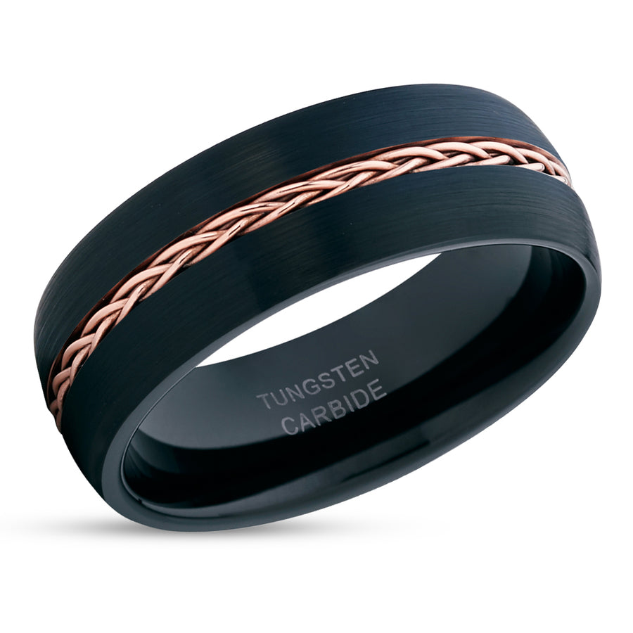 Black Wedding Band - Braid Ring - Rose Gold Wedding Ring - Tungsten Wedding Band