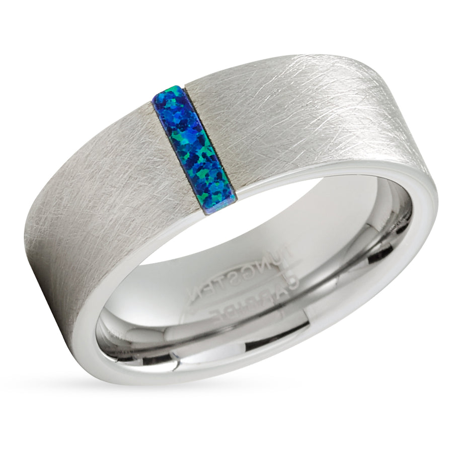 Opal Wedding Ring - Blue Opal Ring - Tungsten Wedding Band - Tungsten Wedding Ring