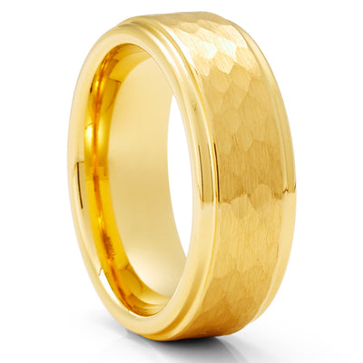 Yellow Gold Wedding Ring - Hammered Ring - Tungsten Wedding Band - Man's Wedding Ring